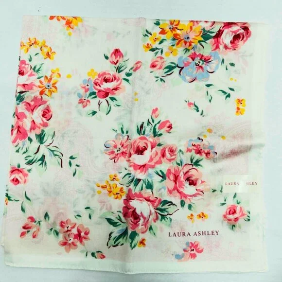 BeautifulLaura Ashley Mini Scarf/Handkerchief 23"x23" Peach Pink Floral (Sc17) - Picture 7 of 7